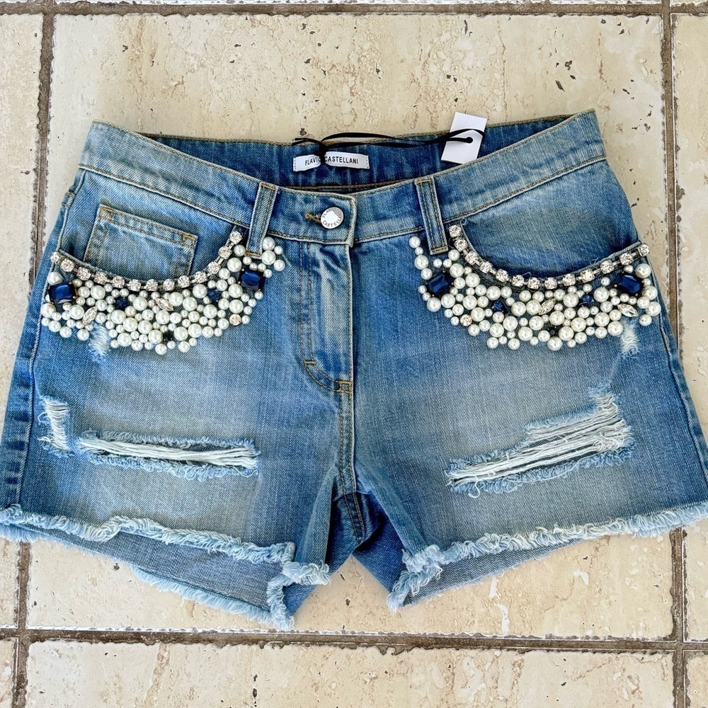 New! Flavio Castellani Jeans Shorts, Size 40, Blue with Crystals/Pearls